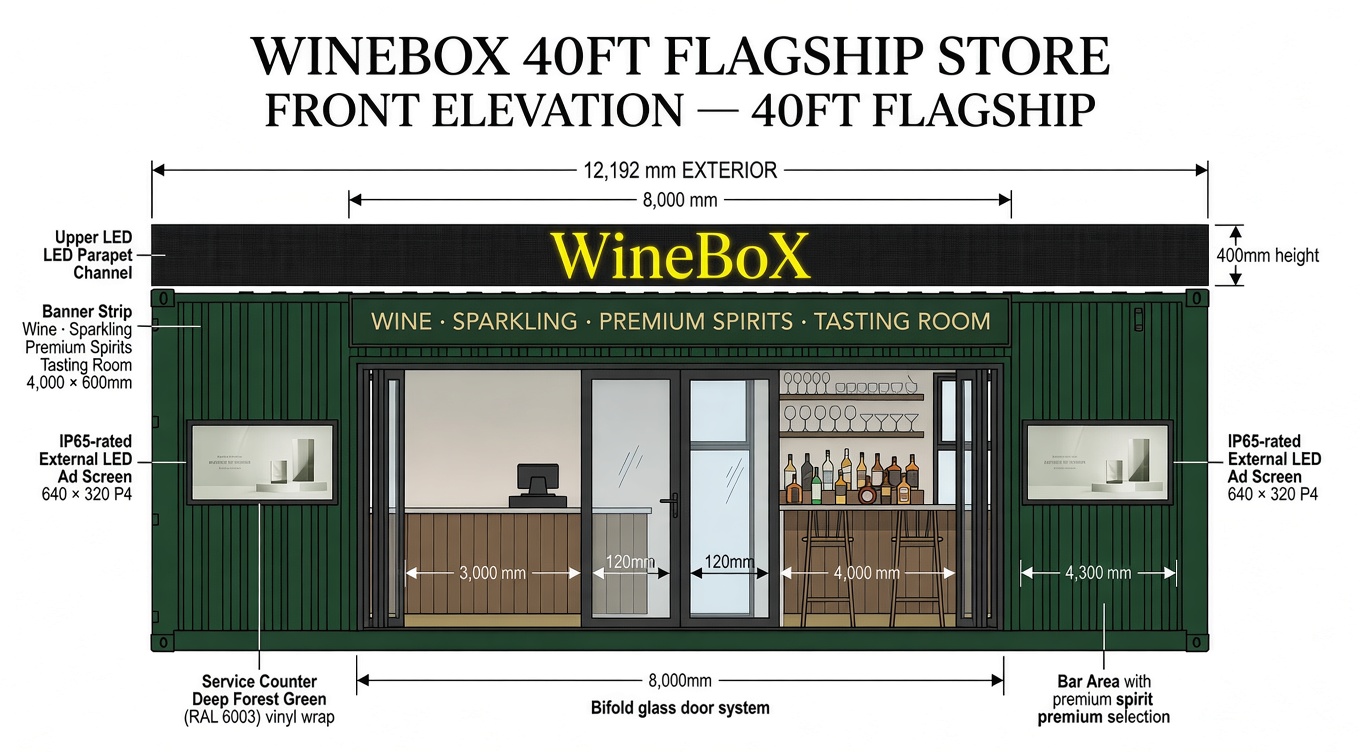 WineBoX 40ft flagship elevation